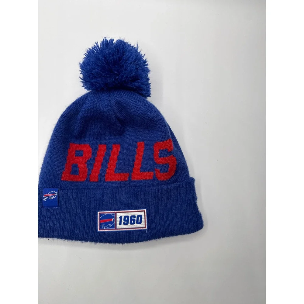 New Era Buffalo Bills 1960 NFL 100 Pom Beanie Blue Knit Hat Fleece Lined OSFM